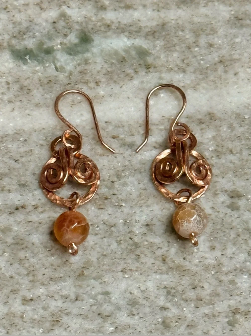 Fire Agate Hammered Copper Dangle Earrings